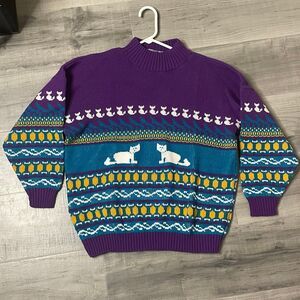 Sweater Vintage 80s Private Eyes Cats AOP Knit Knitted Sweater Size 10 Wool